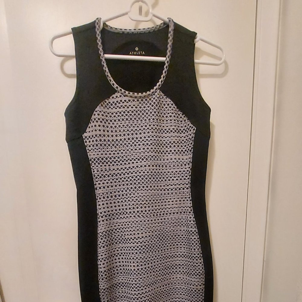Athleta black mini dress with gray and black graphic